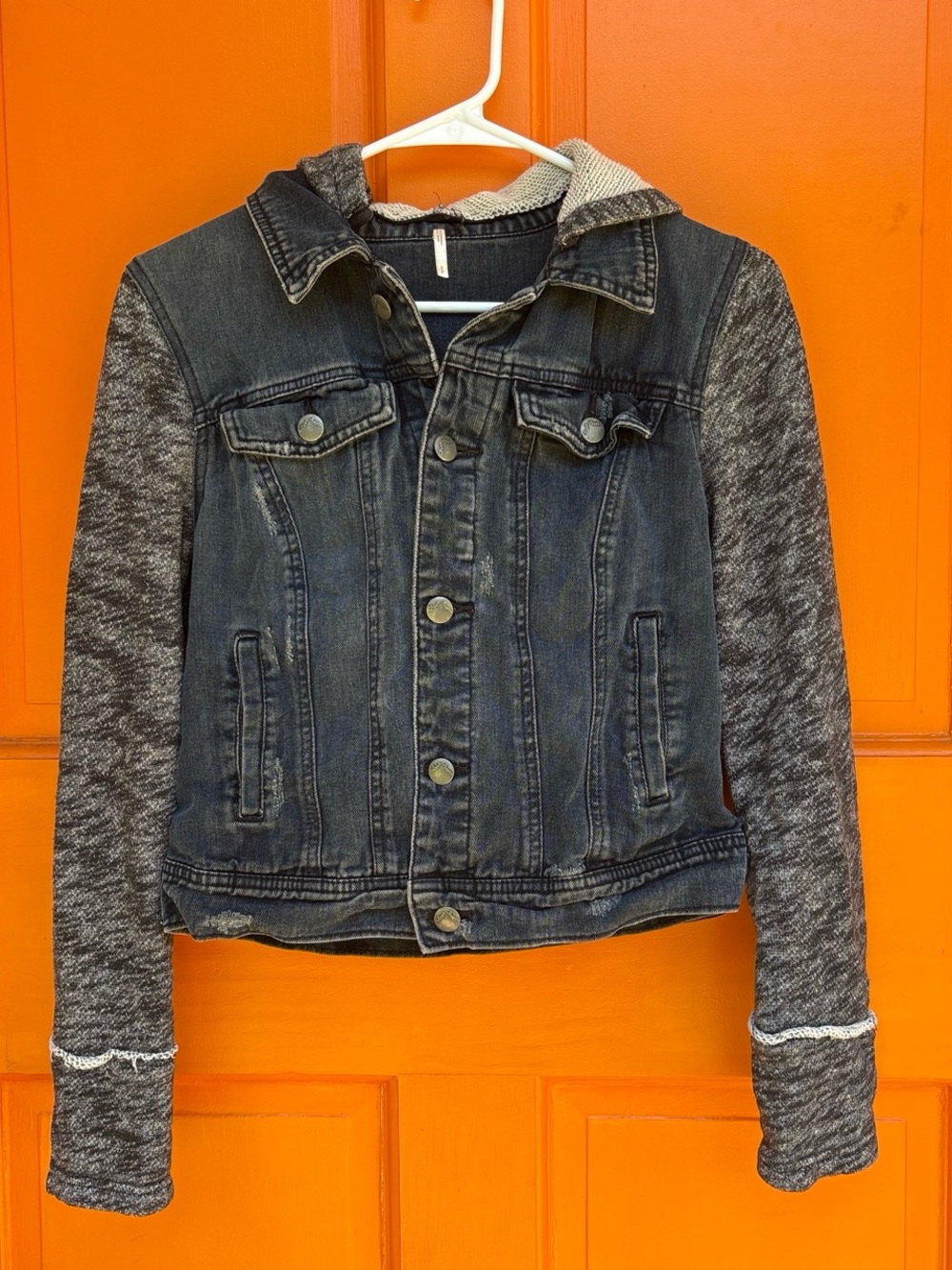 Free People Dark Denim Jacket with Gray Knit Sleeves